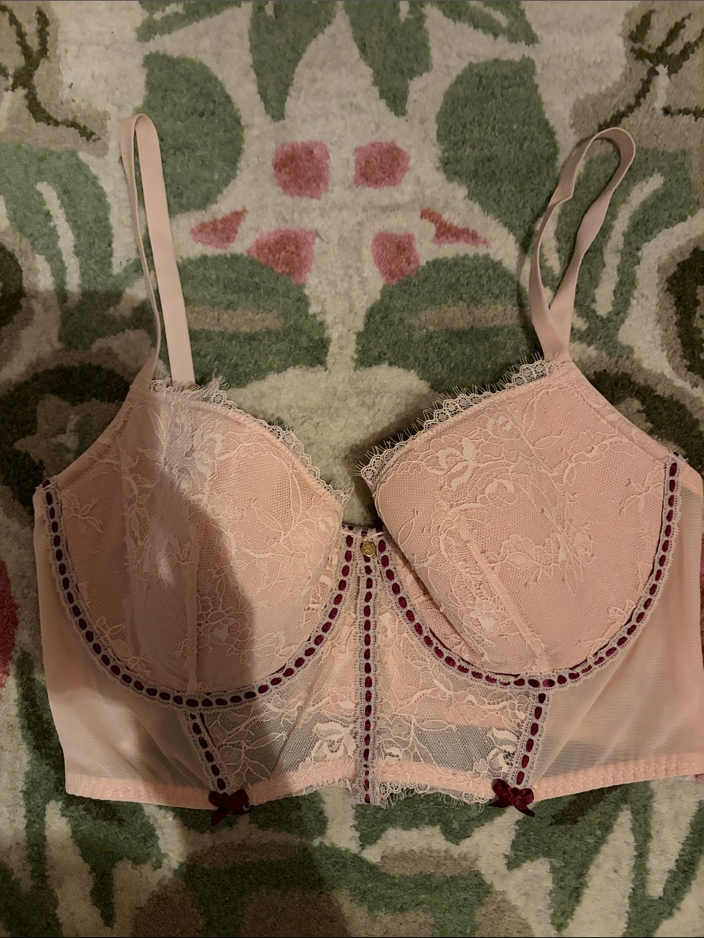 🎀 Adore Me Blush Bustier Lace Ribbon Bow Detail Longline 36E DD